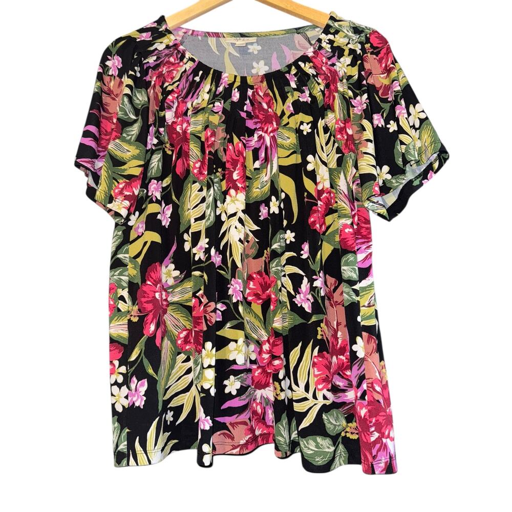 Style & Co Tropical Peasant Top Women's 1X Floral Vacation Resort Pleated Slinky